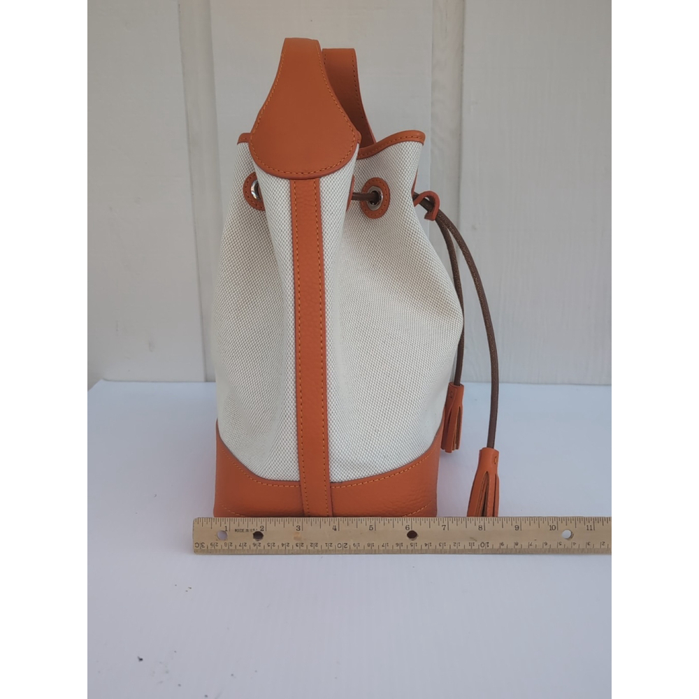 Oncour French Leather Drawstring Bucket Bag Beige Orange - Picture 5 of 16